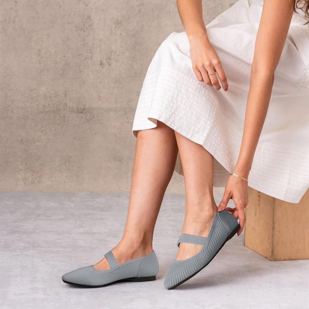 Women's Grey Flats Shoes Pointed Toe Knit Washable Ballet Comfortable Flat - Picture 2 of 6